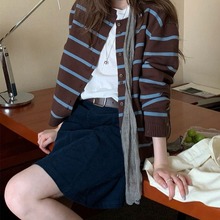 复古条纹圆领毛衣韩版显瘦软糯开衫女外套宽松秋冬新款针织衫上衣