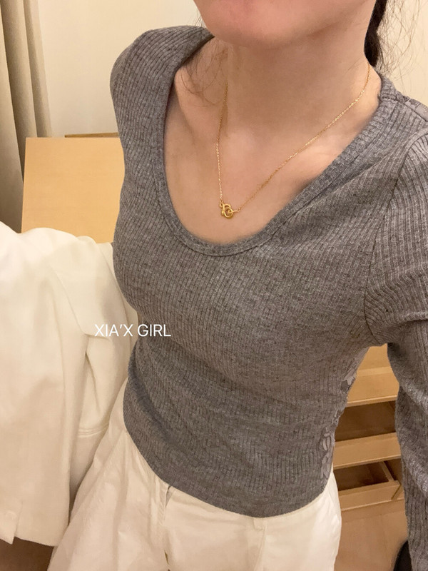法式蕾丝拼接露背鹅蛋领内搭打底衫螺纹棉固定一体U领上衣打底衫|undefined