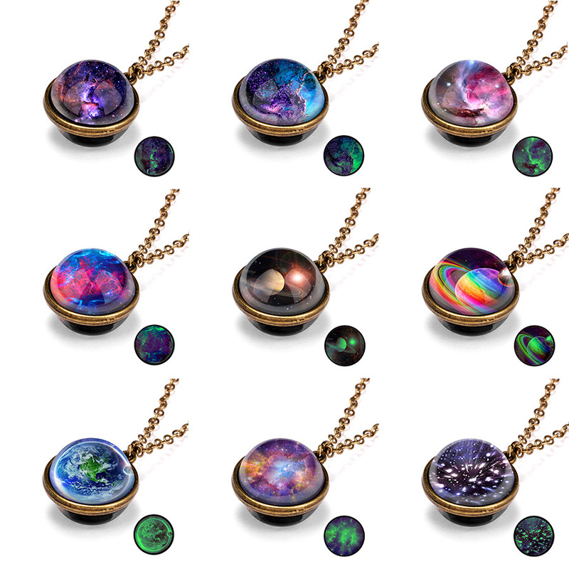 Cross-border Hot Selling European and American Personality Galaxy Nebula Universe Luminous Double-Sided Glass Vintage Pendant Necklace Clavicle Chain