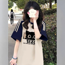 夏季初高中学生宽松半袖圆领美式插肩袖三条杠短袖T恤女大童上衣