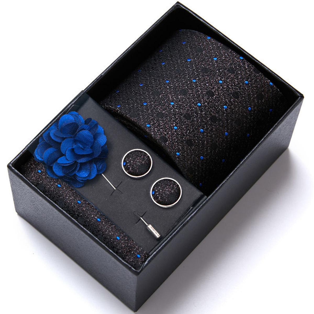 男性の新しい青いストライプのプリントネクタイのスカーフのカフスの胸の花のギフトボックスの包装の贈り物の佳品は祝日に適します。