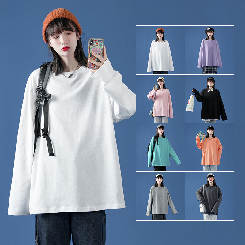 Men's and women's cotton long sleeve T-shirt Korean solid color base shirt loose neutral style