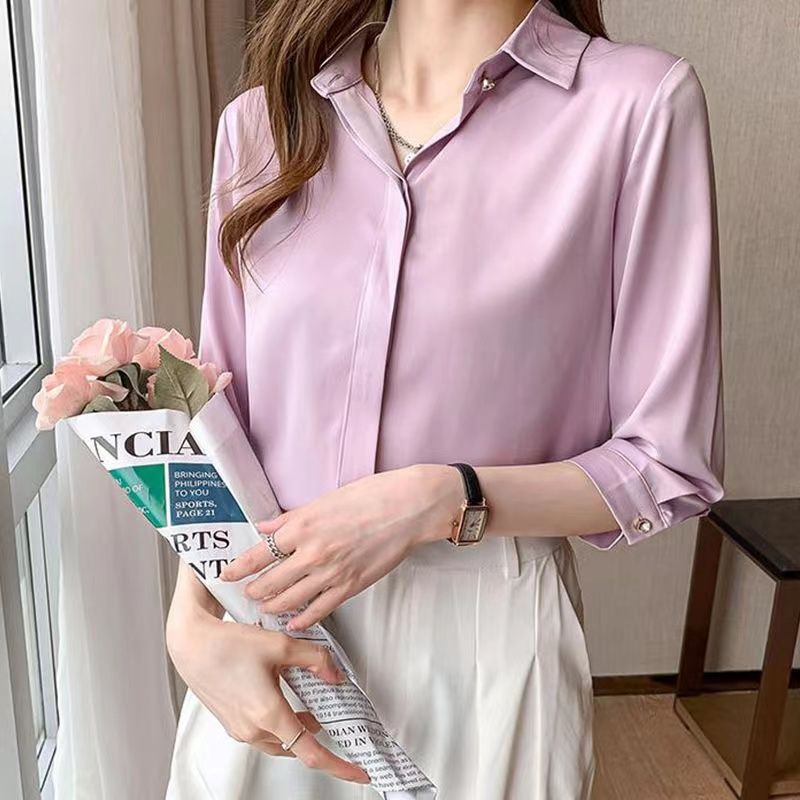杭州のシルクのシャツの女性の長袖の春秋服の新型の绢糸の上着の白い職業は底のシャツの女性を詰めます。|undefined