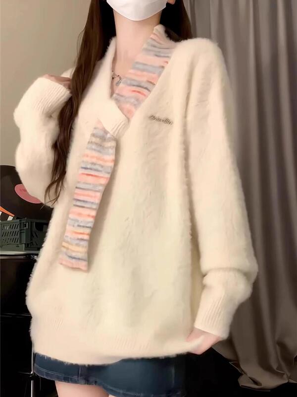 慵懒风软糯v领白色毛衣女2025新款秋冬季宽松长袖针织上衣感|undefined