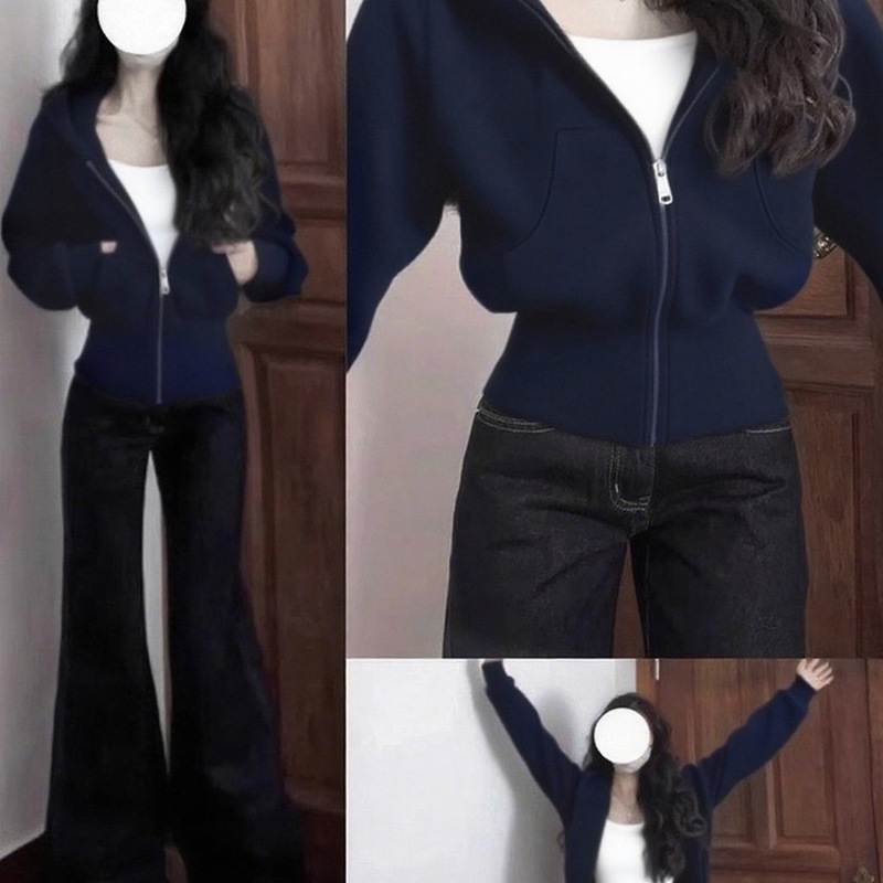 Navy Blue Slim-Fit Short Sweatshirt Jacket, New Style Waist-Cinching Slimming Top, Korean-Style Versatile Sports Cardigan Navy Blue Slim-Fit Short Sweatshirt Jacket, New Style Waist-Cinching Slimming Top, Korean-Style Versatile Sports Cardigan