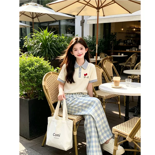 Summer New Style Short-Sleeved Polo Shirt, Junior High School and High School Student Suit, Wide-Leg Pants Two-Piece Set, College Style Fashion Outfit