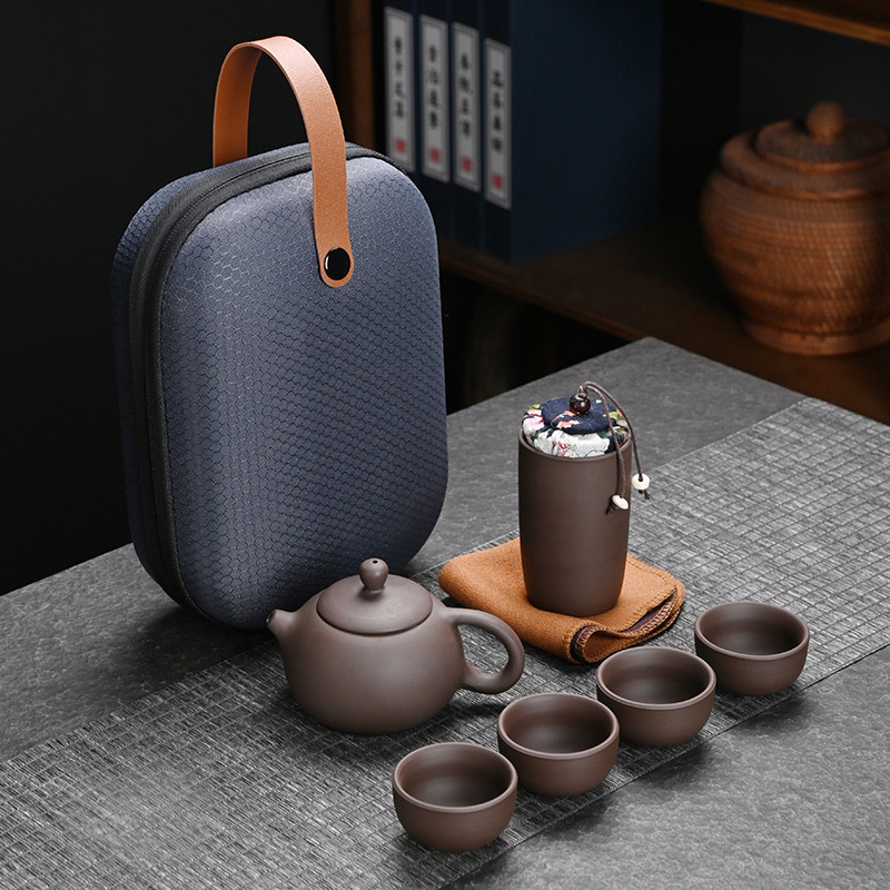 Dehua purple sand travel tea set one pot four cups Express Cup portable outdoor business gift tea pot travel bag