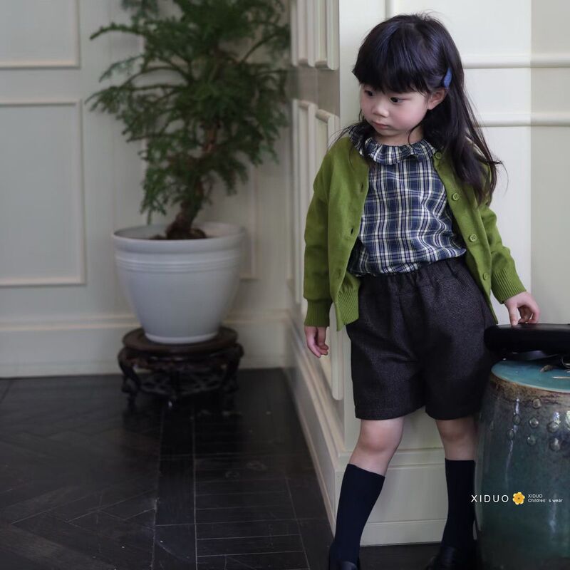 韩国女童秋套装2025新款小女孩气质小众格子长袖衬衫针织开衫现货|undefined
