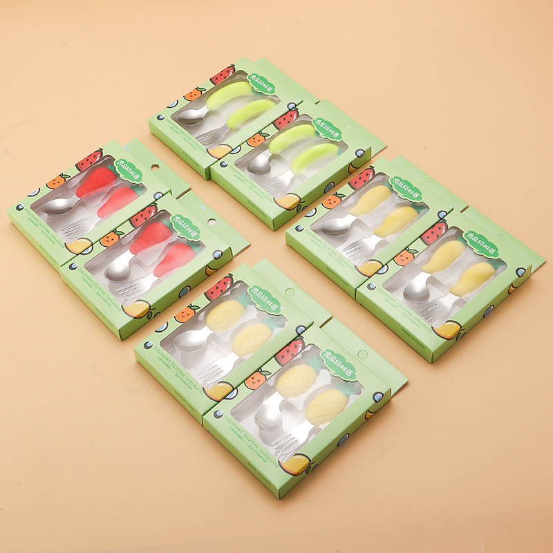 Amazon cross-border baby silicone food supplement spoon children's tableware creative 304 stainless steel spoon Fork gift box set