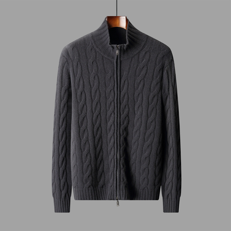 2025 New Autumn and Winter Men's Pure Wool Sweater Warm Twist Zipper Cardigan Knitted Pure Color Versatile Jacket
