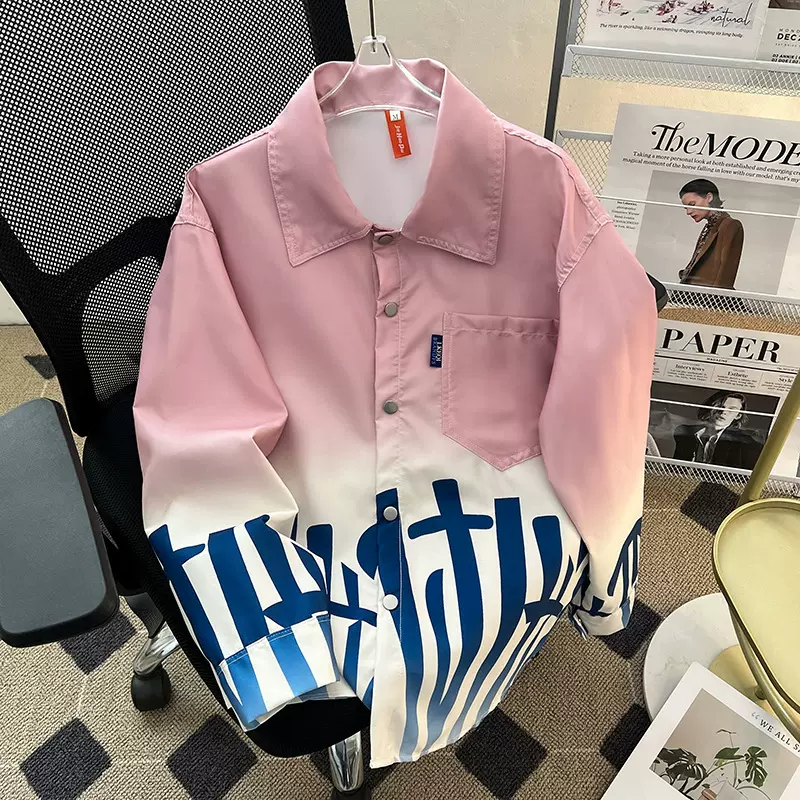渐变色印花开衫衬衫男女长袖2025春秋新款青少年外套纽扣翻领衬衣