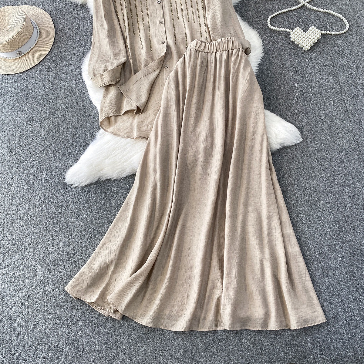 Damen Rock Set Im Französischen Stil Mit Strass Und Hemdbluse_voghion.com
