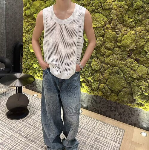 Unlined open-front vest with sleeveless design, high-end men's niche fashion, base layer casual summer knit short sleeve.