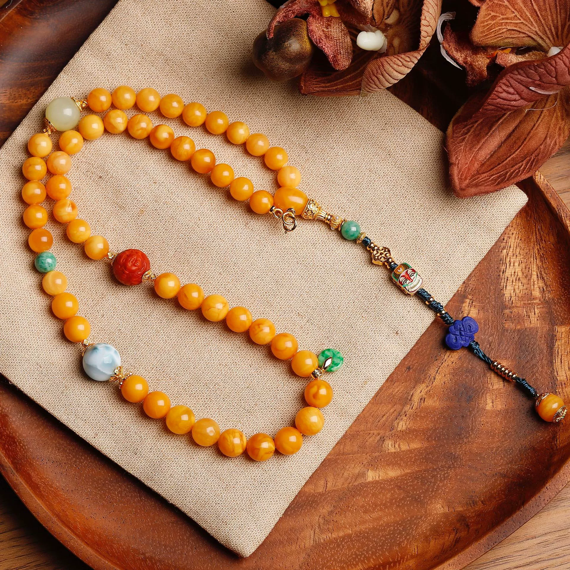 Новый китайский стиль натуральный медовый воск круглое жемчужное ожерелье женский южный красный морей Миро Будда и нефритовый нефрит