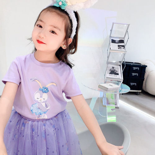 Girls 2024 style suit, stylish starry cartoon summer cotton t-shirt, mesh princess style skirt, two-piece trendy set