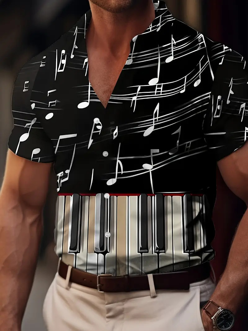 Camisa de manga corta con estampado de nota ancha popular retro de marca de moda europea y americana de verano 2024 para hombres MB1