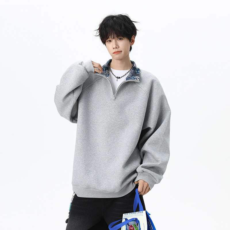 American Gray Deconstructed Half-Zip Stand-Up Collar Sweatshirt for Men 2025 Autum New Lazy Style Sports Jacket Top American Gray Deconstructed Half-Zip Stand-Up Collar Sweatshirt for Men 2025 Autum New Lazy Style Sports Jacket Top