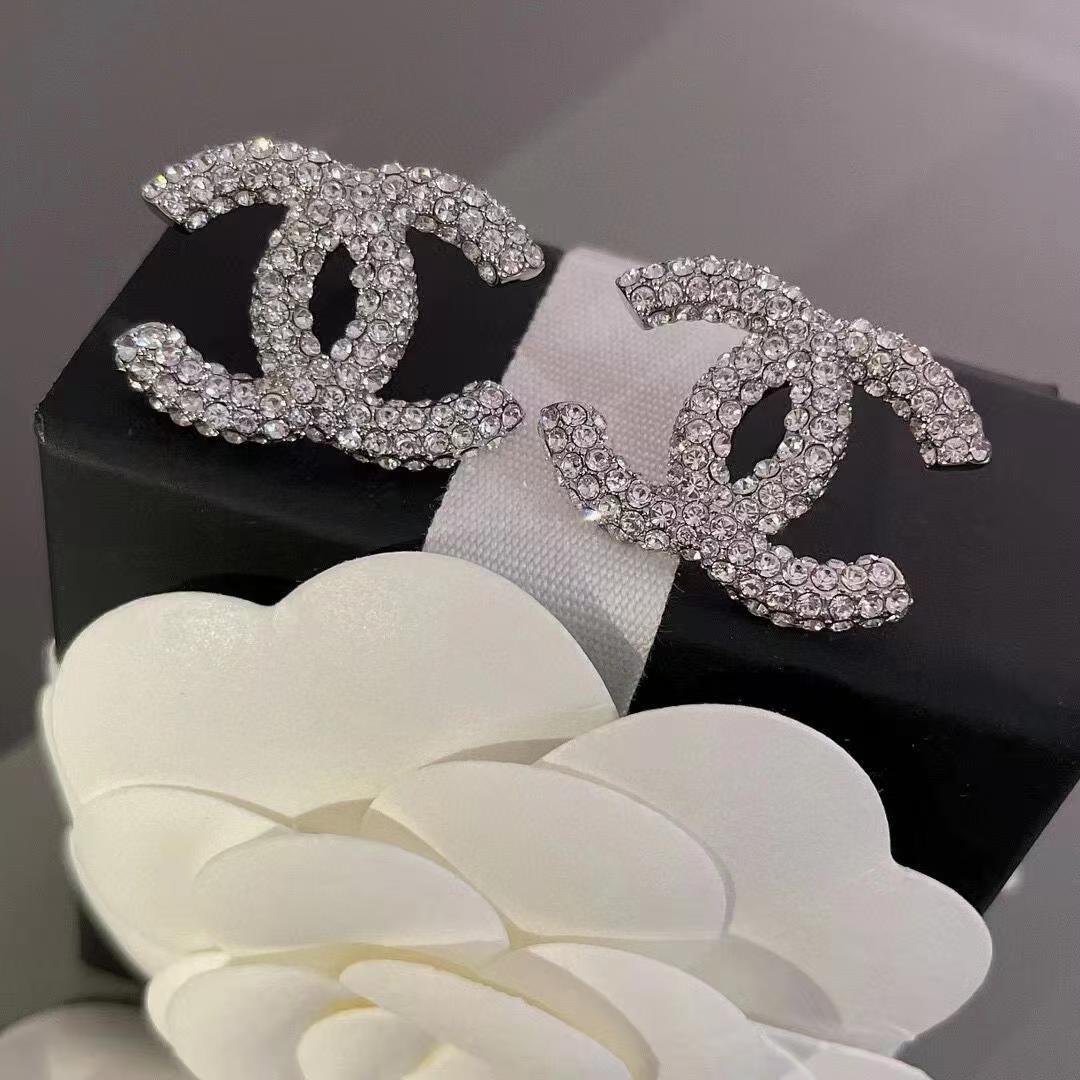 Chanel CC Stud Earrings Metal Strass Silver