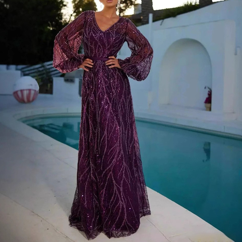 2025 vestido de lentejuelas europeo y americano transfronterizo simple con lentejuelas con cuello en V vestido de fiesta largo con cordones