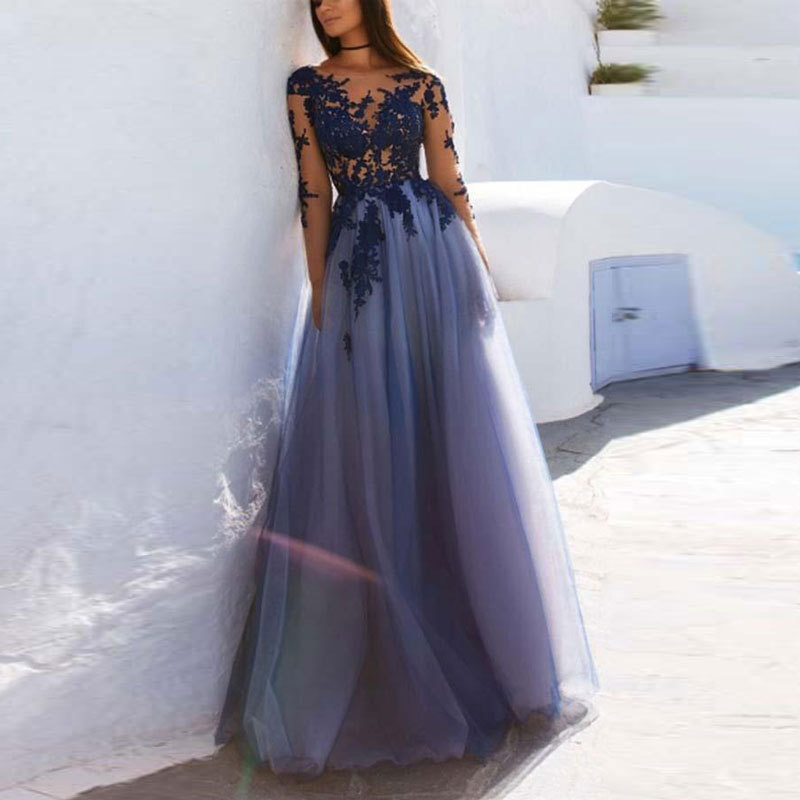 Comercio exterior de Europa y América Amazon AliExpress deseo encaje cuello redondo vestido de noche manga larga vestido de banquete vestido largo image 3