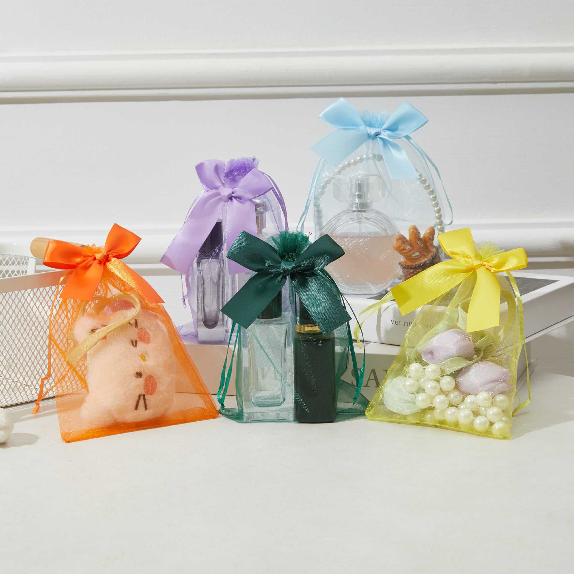 Bolso de gasa con lazo dorado transfronterizo, bolsa de dulces de boda, bolsa de regalo para fiesta, bolsa de embalaje de regalo, bolsillo con cordón