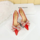 638-AH6 European and American Banquet Women's Shoes High Heel Thin Heel Shallow Mouth Pointed Pearl Rhinestone Bow Tie Single Shoe High Heel Shoes