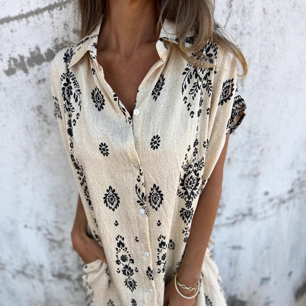 Women's Summer Casual Cotton Linen Shirt Loose Fit Short Sleeve Print Dress With Pocket_ecoleips.com