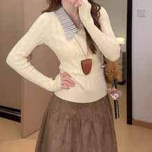 条纹拼接假两件复古绞花黄色针织毛衣L2216