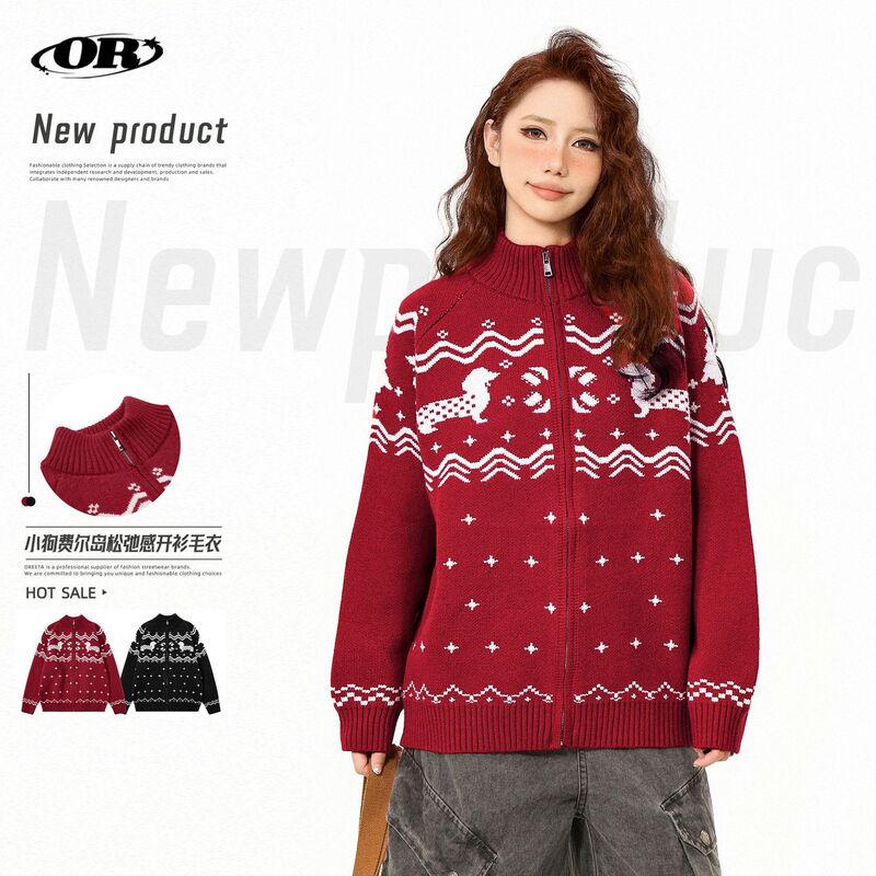 Oreeta Christmas Atmosphere Puppy Jacquard Knitted Cardigan for Men and Women, Fair Isle Lazy Sweater Jacket