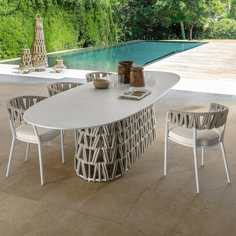 Mesas y sillas para exteriores, jardín de villa con patio, sillas de ratán resistentes al sol y a la lluvia, mesa de comedor de pizarra para terraza, mesa redonda y sillas para exteriores image 4