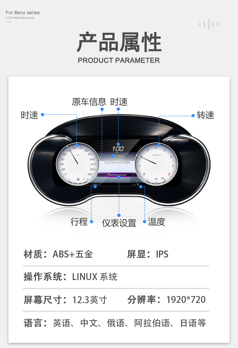 Suitable for Mercedes-Benz C/E/A-Class Instrument Panel C/Glc/Ml/Gl/Gla Digital Modified Lcd Car Instrument Panel