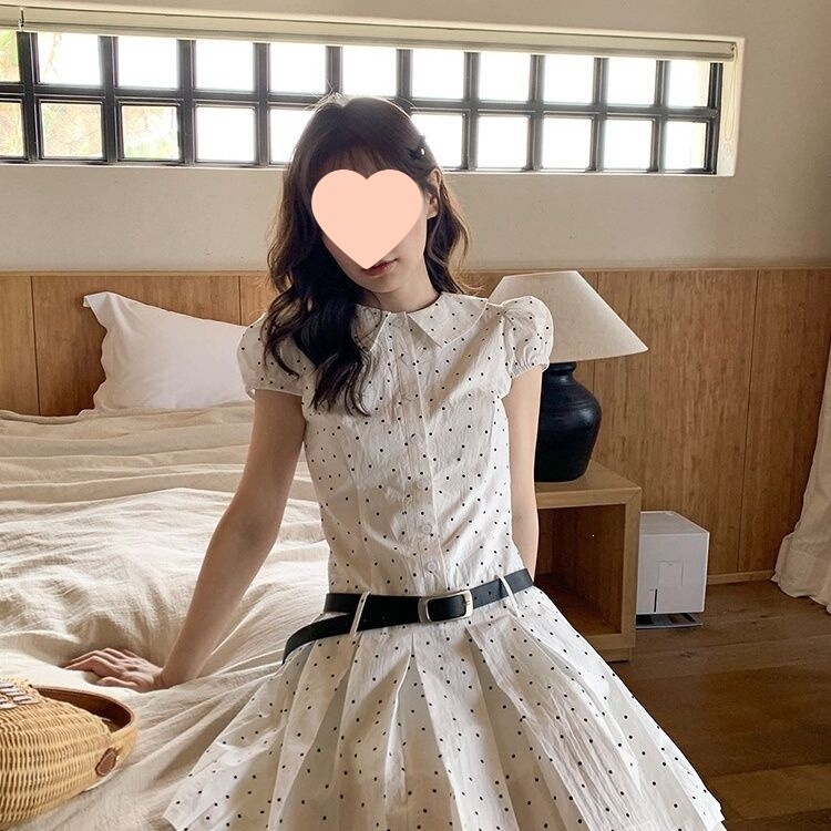 French-Style Polka Dot Puff Sleeve Waist-Cinching Pleated Dress for Women, Niche Summer Affordable Turn-Down Collar Elegant A-Line Short Dress