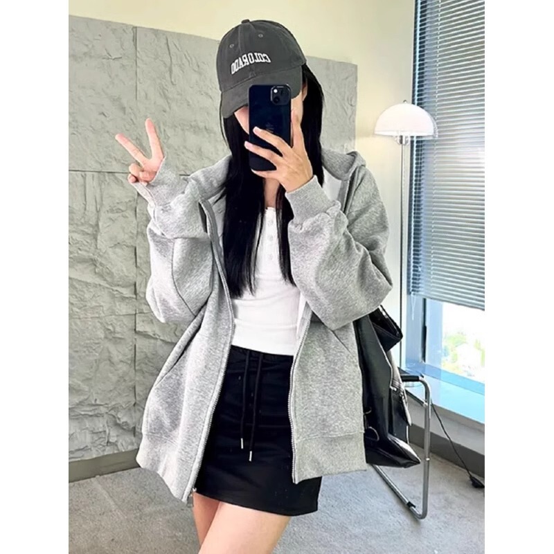 小个子韩系卫衣外套女春秋连帽慵懒风上衣拉链加绒帽衫高级感穿搭|undefined