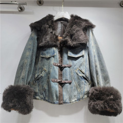 欧货皮毛一体拼接牛仔派克服女短款复古做旧加厚仿皮草外套