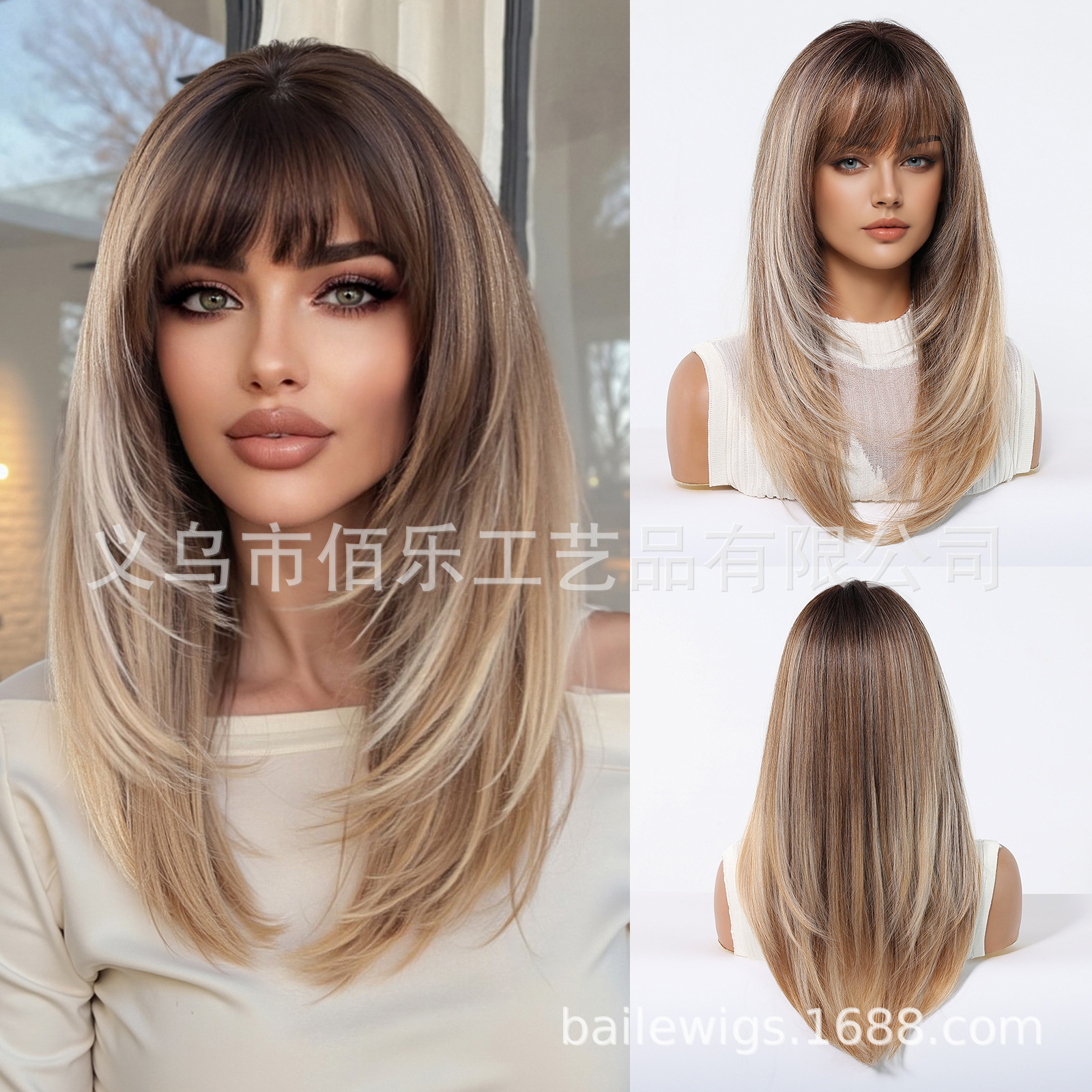 Nuevo negro Rosa flequillo larga recta gradiente de pelo fibra química SEDA NATURAL peluca femenina tocados pelucas fabricante en stock image 8