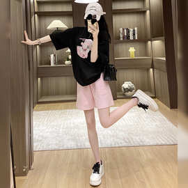 夏装搭配一整套女减龄漂亮黑色短袖T恤粉色休闲运动短裤两件套ins
