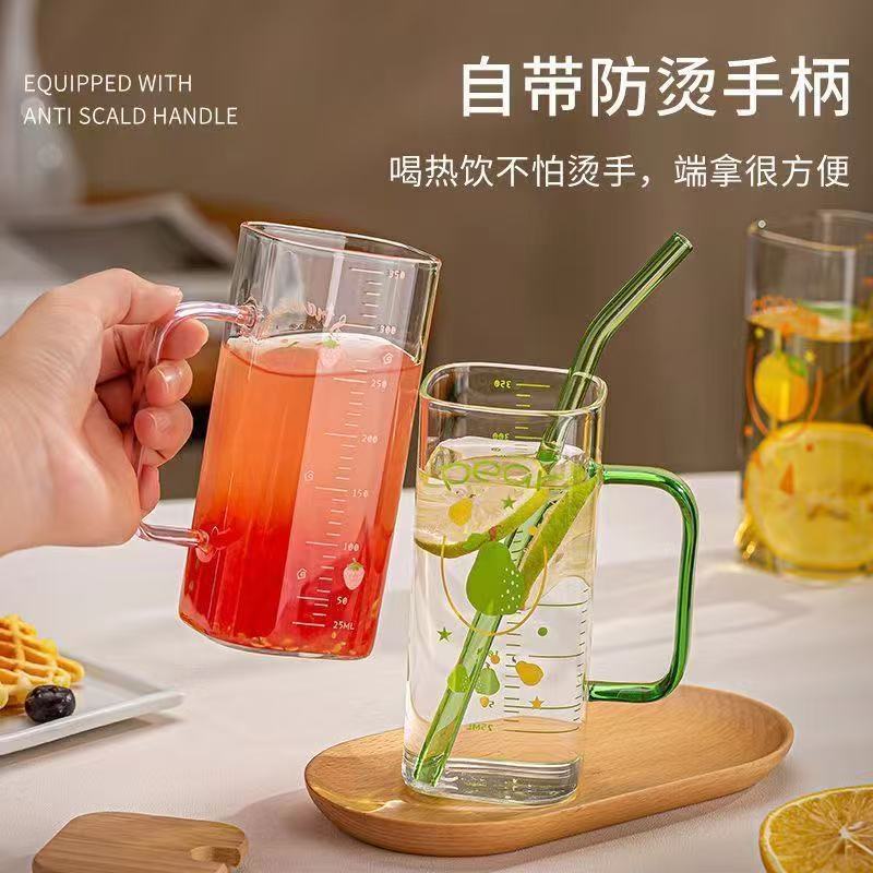 高硼硅彩色玻璃把手杯高颜值水杯ins牛奶吸管杯果汁杯方形玻璃杯|undefined