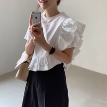 韩国chic夏季小众气质圆领不规则设计荷叶边拼接宽松休闲短袖衬衫