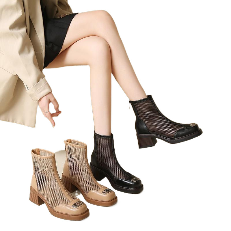 Jinbukang huecas botas Martin para mujer nuevas botas de malla transpirables delgadas de verano sandalias de todo fósforo de moda botas cortas de tacón grueso para mujer image 5