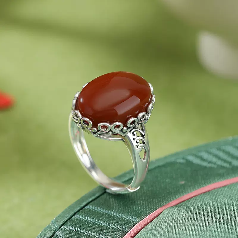 悦宝珠宝南红玛瑙S925纯银蛋面椭圆如意中式复古可调节银戒指批发