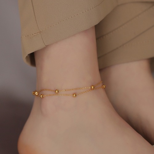 Niche design trendy double-layer bead anklet for women 18K gold cold style high-end forest titanium steel new anklet