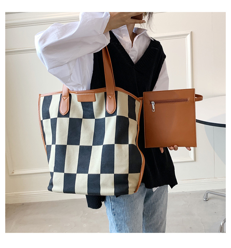 Fashion Large-capacity Canvas Shoulder Tote Checkered Bag Wholesale Nihaojewelry display picture 3