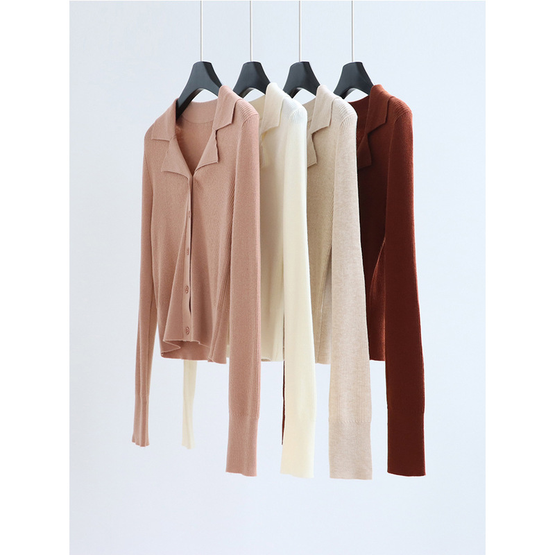 Commuting Suit Lapel Knitwear Cardigan Wool Blend Autumn and Winter Short Top Women's Bottoming Shirt Long-sleeved Knitwear