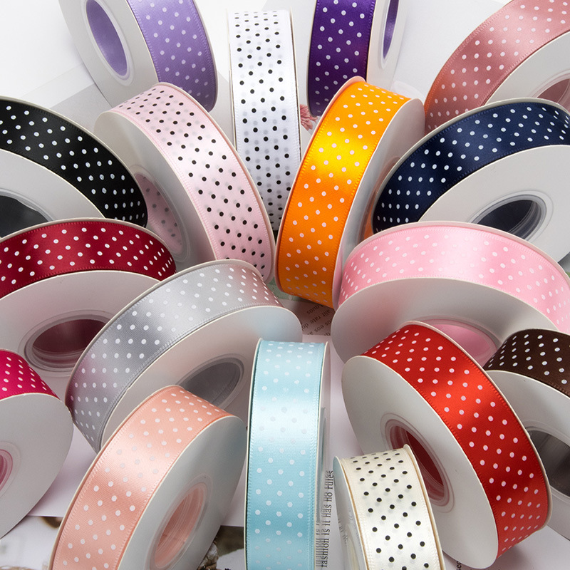 Polka dot polyester ribbon for floral decoration, DIY gift ribbon, flower wrapping polka dot satin ribbon Polka dot polyester ribbon for floral decoration, DIY gift ribbon, flower wrapping polka dot satin ribbon