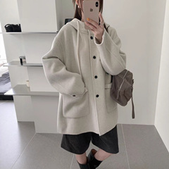 韩系连帽双面羊绒大衣女2025秋冬新款宽松显瘦中长款羊毛呢子外套