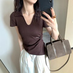 Hers一勺甜博主款简约气质调性百搭显瘦抽绳V领短袖针织衫女92226