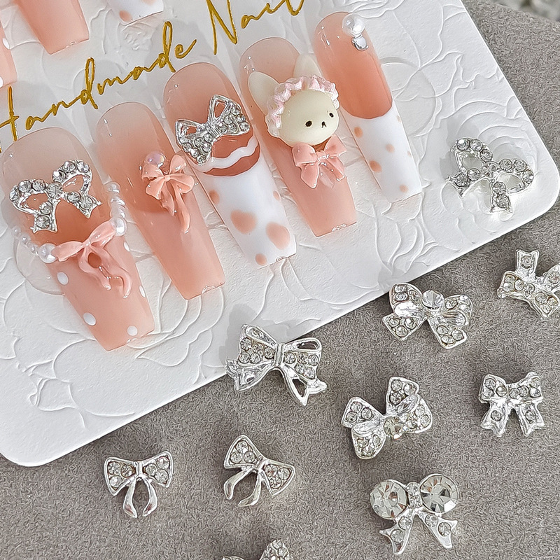 Mini Silver Bow Nail Art Rhinestones, Exquisite Diamond-Encrusted 3D Design, New Nail Art Accessories, Nail Decoration Accessories