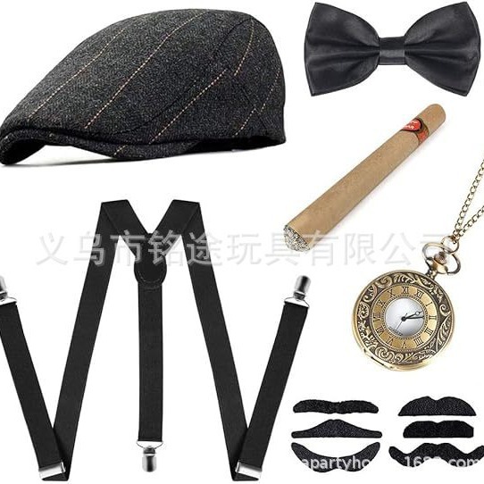 1920S Gatsby Party Fake Cigar Pocket Watch Neck Strap Bow Tie Set Men's Outfit Wool Beret Hat
