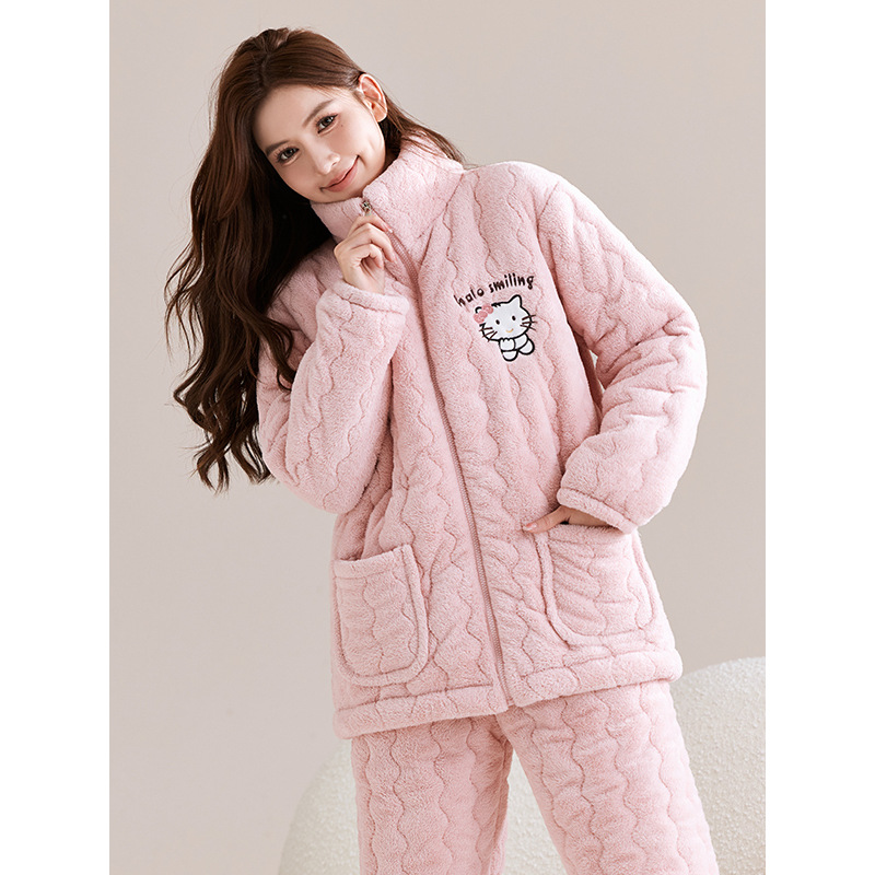冬季中年女士加厚睡衣家居服妈妈款三层夹棉袄法兰绒保暖大码套装