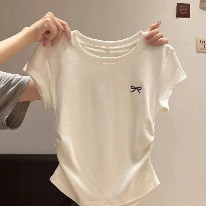 Летний дизайнерский укороченный свитер, круглый воротник, тренд сезона, slim fit